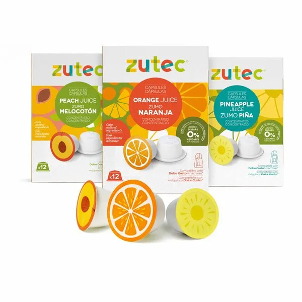 Zutec - Cápsulas de Zumo - Compatibles con Cafetera Dolce Gusto* - Surtido de Sabores - Naranja, Piña y Melocotón - 3 Packs de 12 Cápsulas - 36 Cápsulas - Vegano