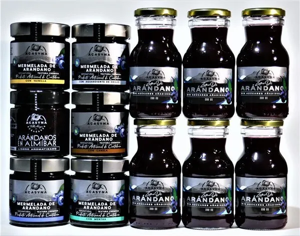 Zumo natural de arándanos, mermelada artesana de arándanos y arándanos en almíbar - 12 unidades (6 + 5 +1)